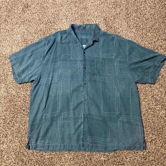 Tommy Bahama Shirt Size 2XL Teal Silk Tropical Beach Button Up Short Sleeve Men - Picture 1 of 7